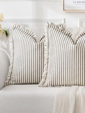MIULEE Pack of 2 Pillow Covers 18x18 Inch Striped Farmhouse Cream and Gray